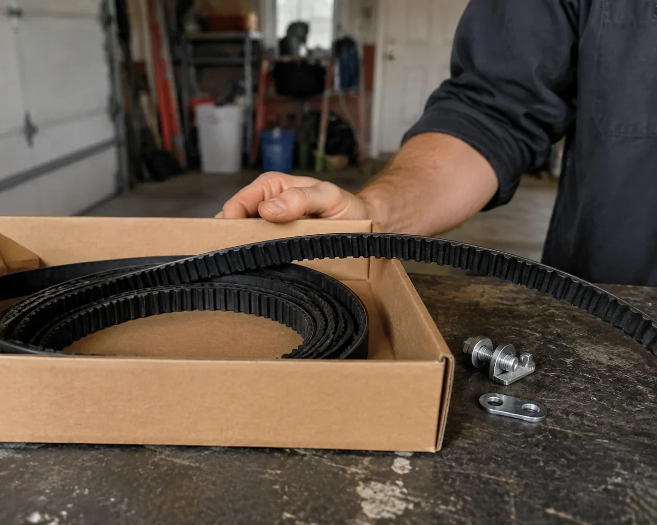 A toothed black drive belt lies in an open cardboard box beside small metal fittings on a garage workbench.