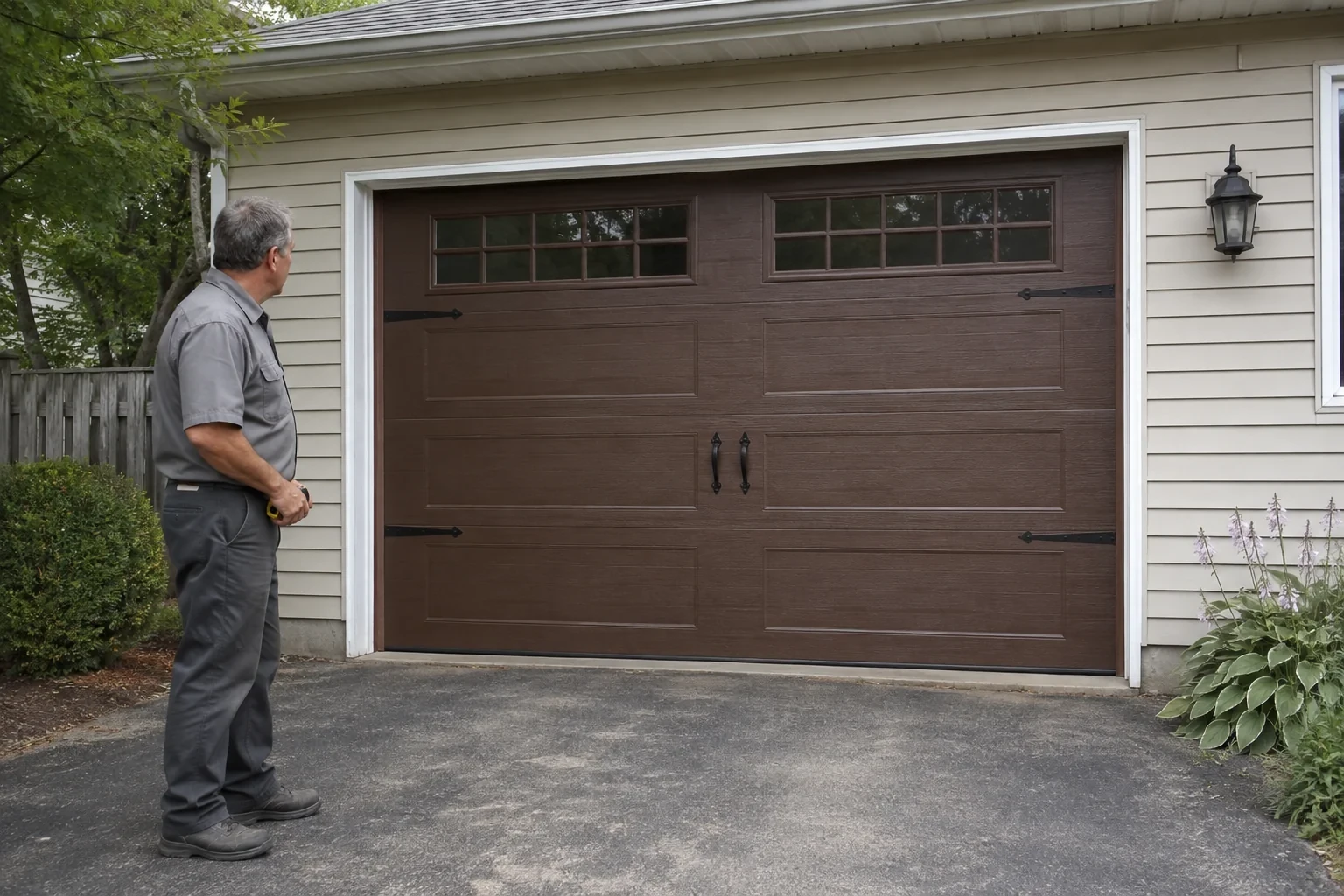 A person stands beside a closed brown garage door with upper windows and black decorative straps and handles.