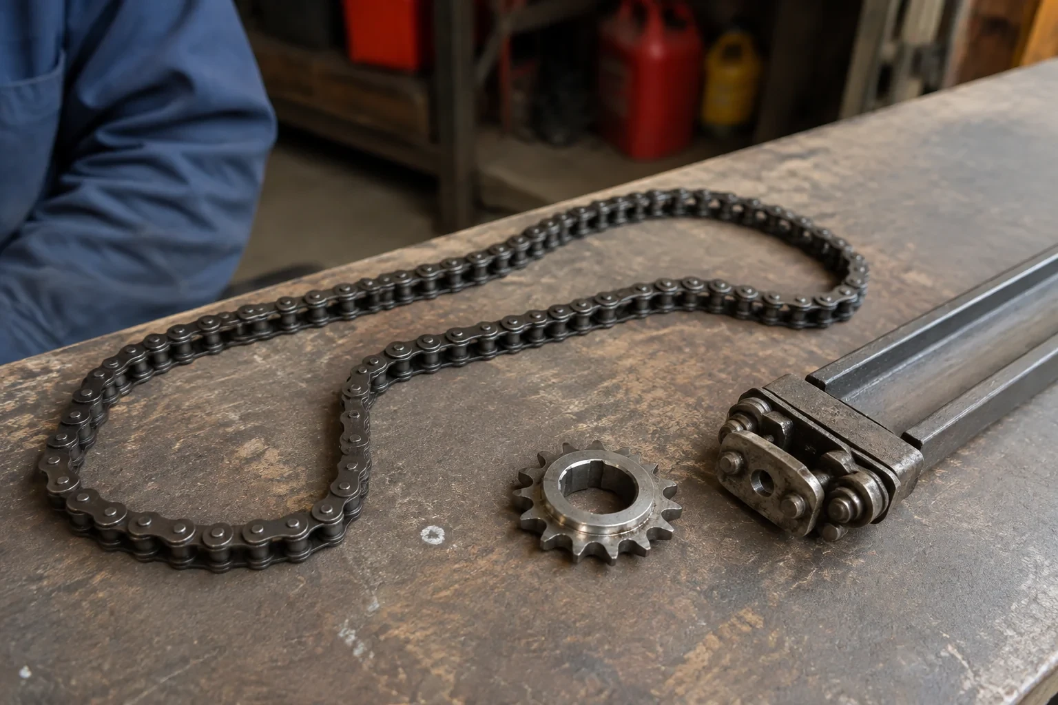 A detached metal roller chain, toothed sprocket and rail component rest on a worn garage workbench.
