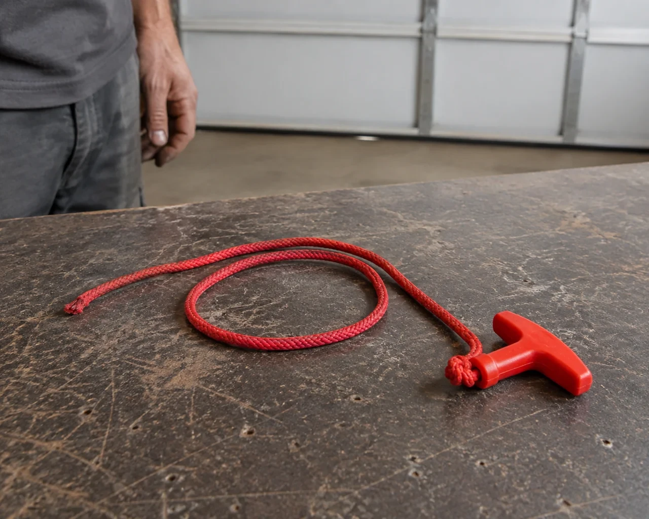 A detached red cord and red T-shaped handle lie on a garage workbench.