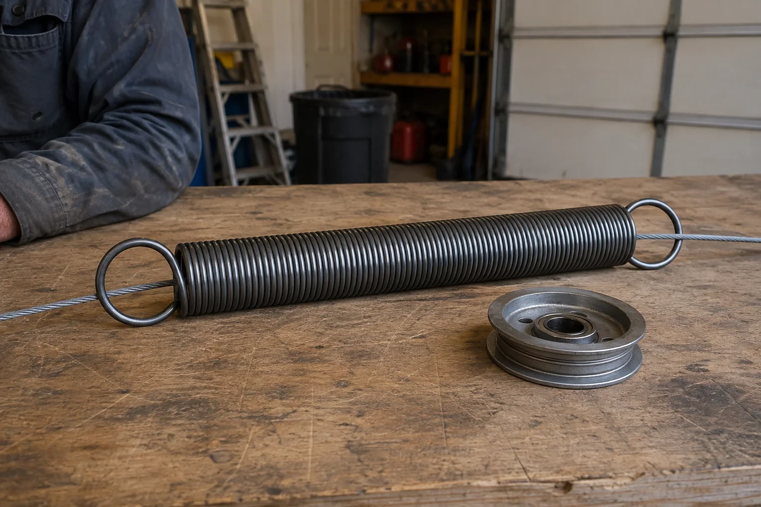 A detached long coil spring with end loops lies on a bench with a cable through its center and a pulley beside it.