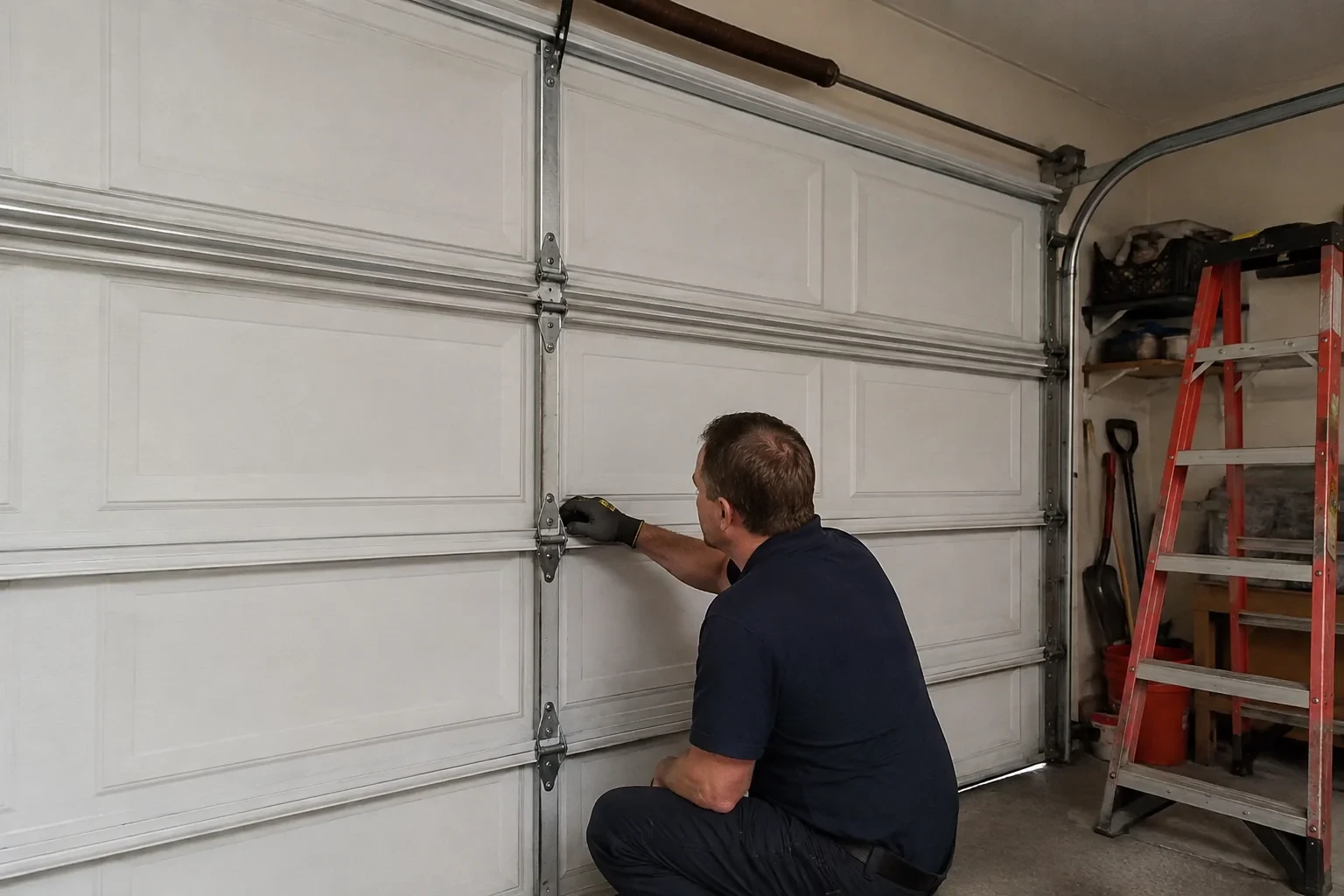 A person examines a central hinge joining two sections of a closed garage door.