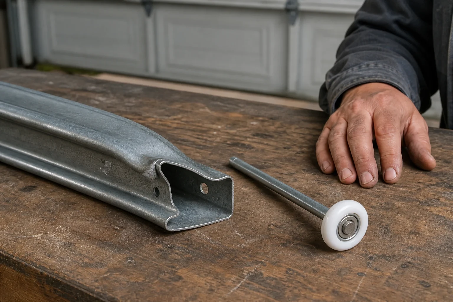 A bent section of metal roller track and a detached nylon roller with a long stem lie on a garage workbench.