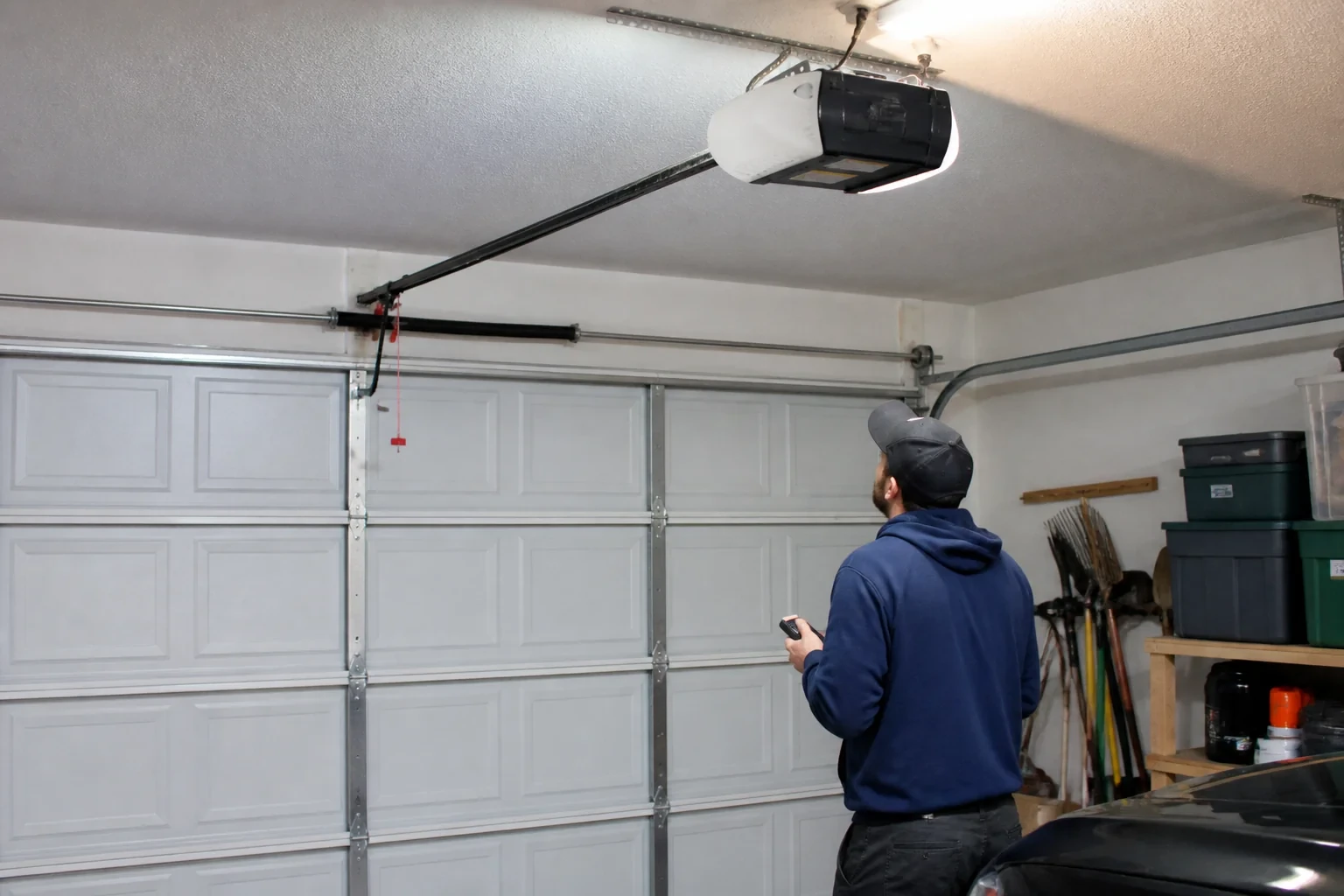 A person holding a remote looks toward an overhead garage-door opener and rail.