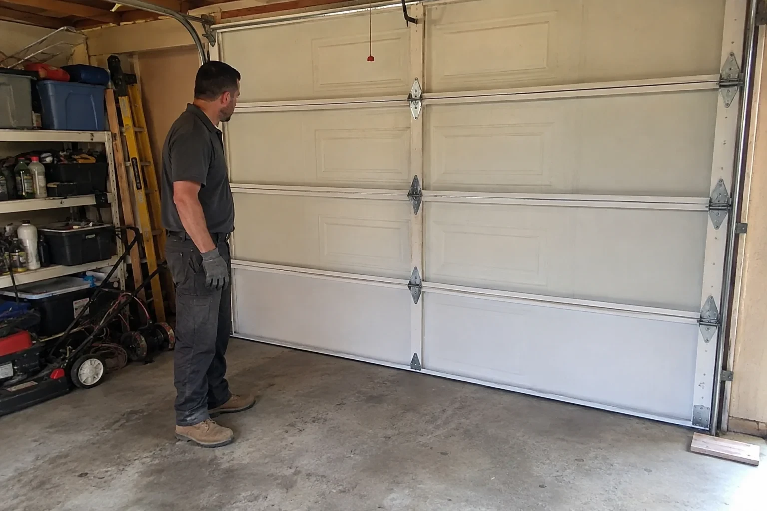 A person examines the interior panels and hinges of a closed sectional garage door.