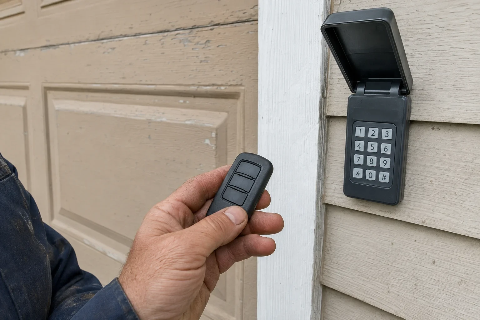 A hand holds a three-button remote beside an exterior garage keypad with its cover open.