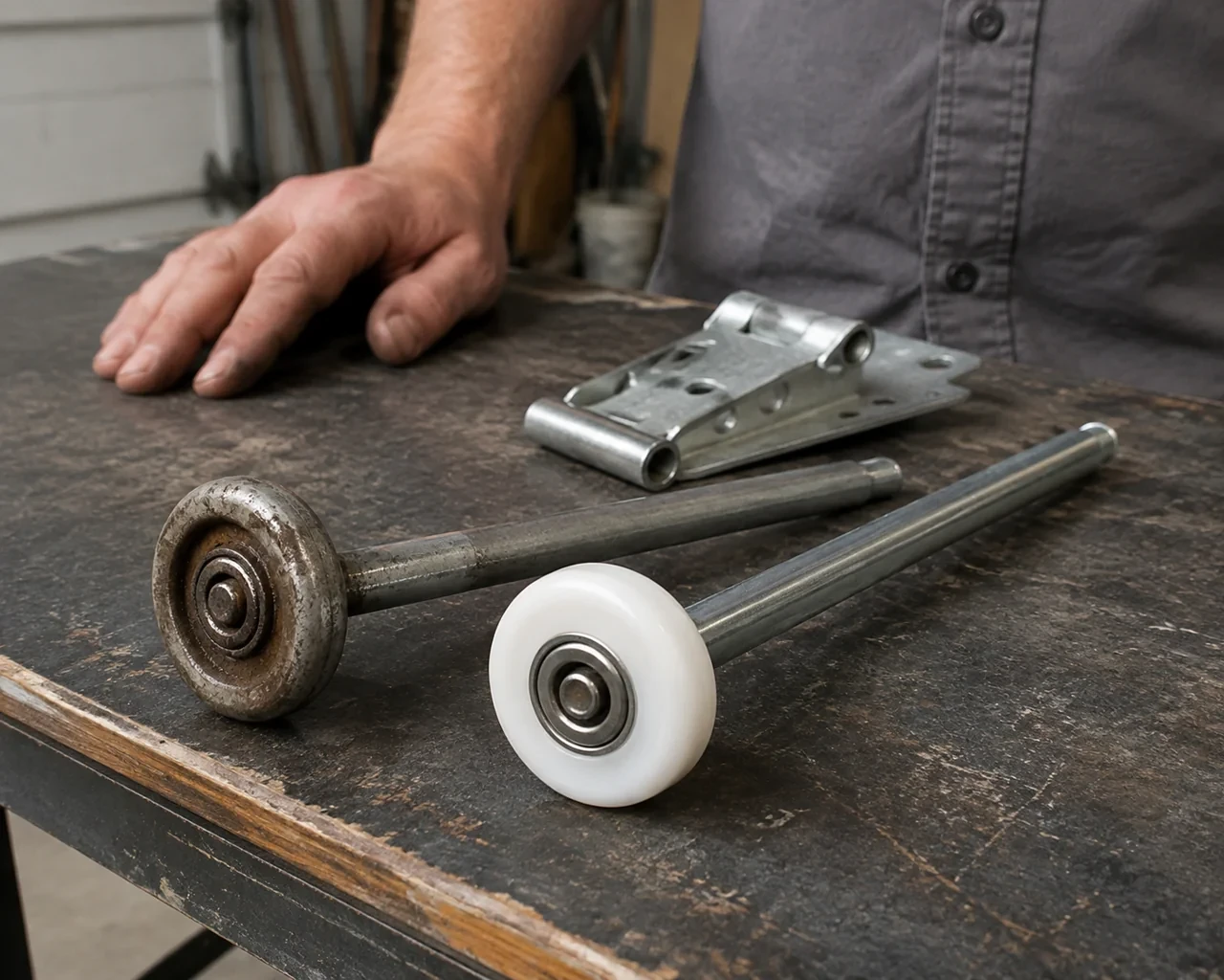 Steel and nylon garage-door rollers with long stems lie beside a detached hinge on a workbench.