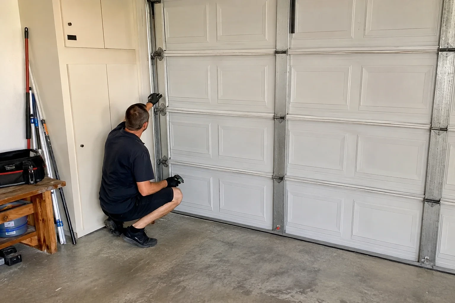 A person kneels beside the side track and hinges of a closed sectional garage door.