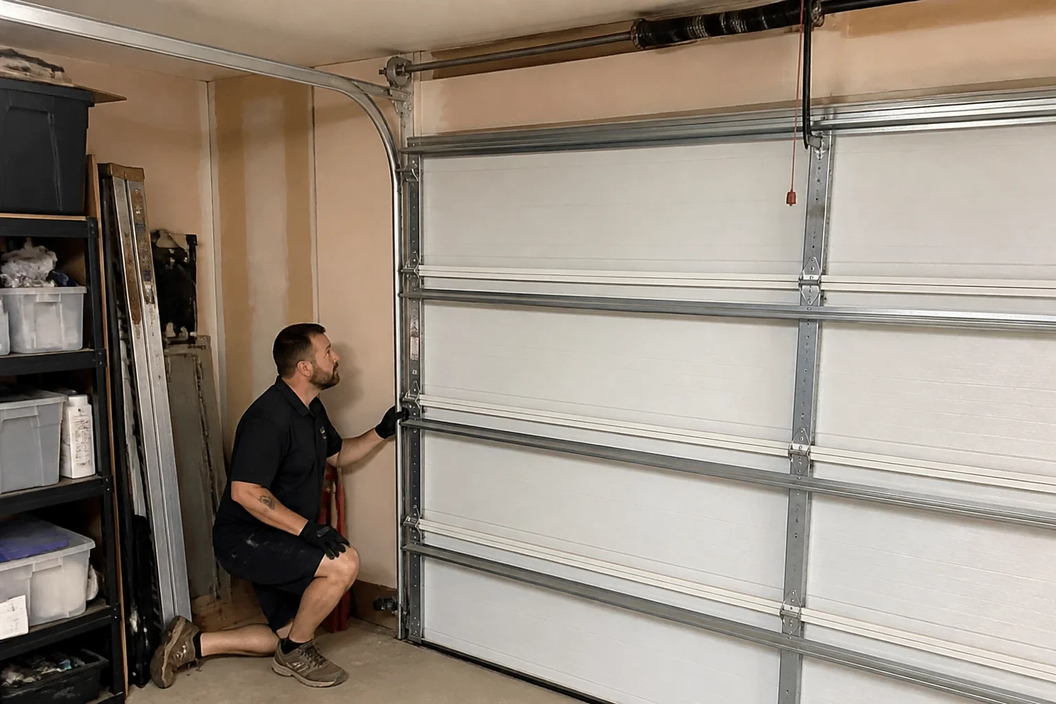 A person examines the vertical side track of a closed garage door.