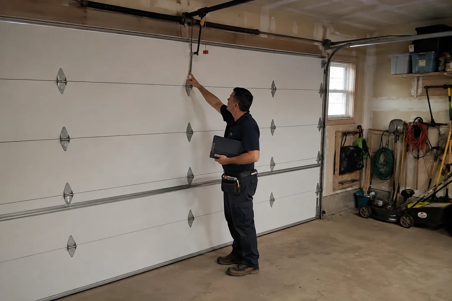 A person holding a clipboard examines the interior hardware of a closed garage door.