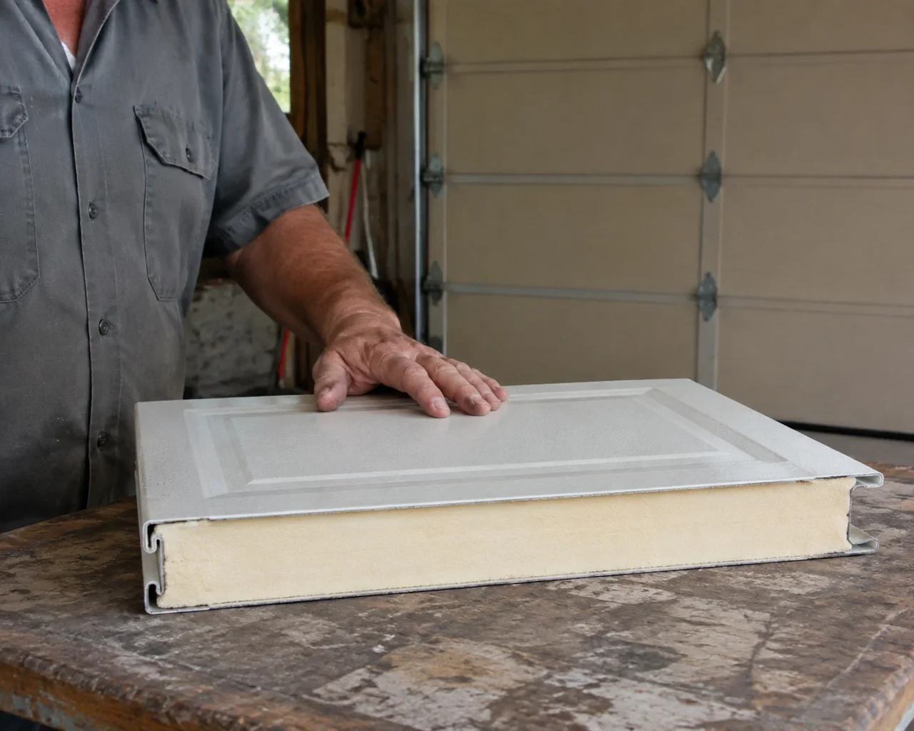 A panel sample exposes a cream foam core between thin metal faces on a garage workbench.
