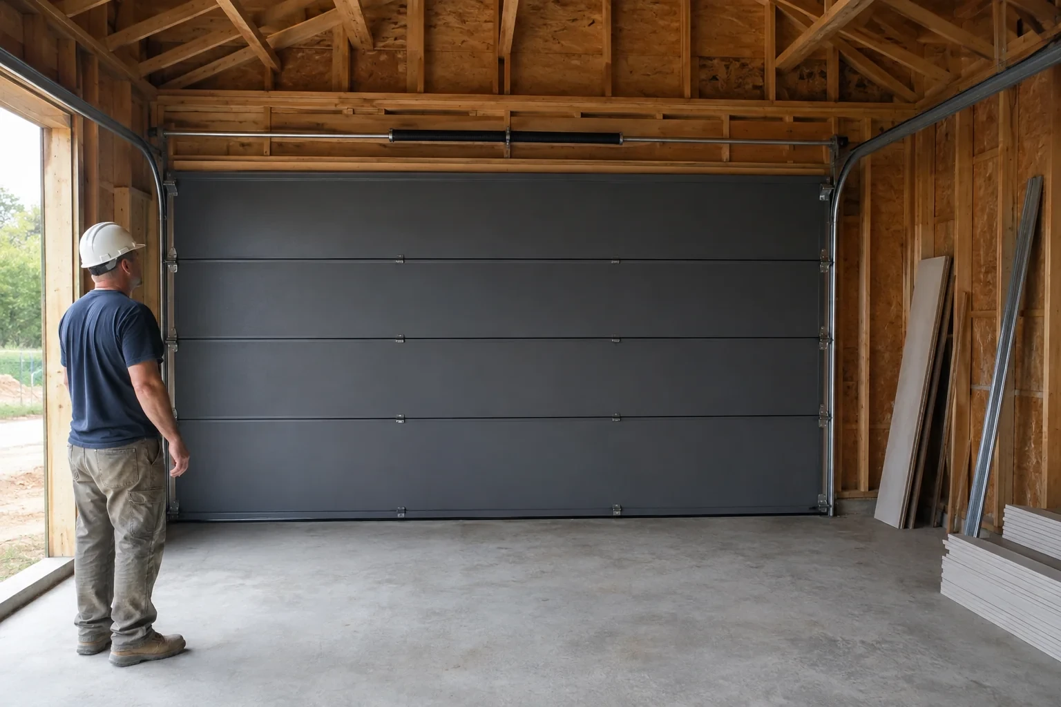 A person wearing a hard hat stands beside a dark sectional door in an unfinished timber-framed garage.