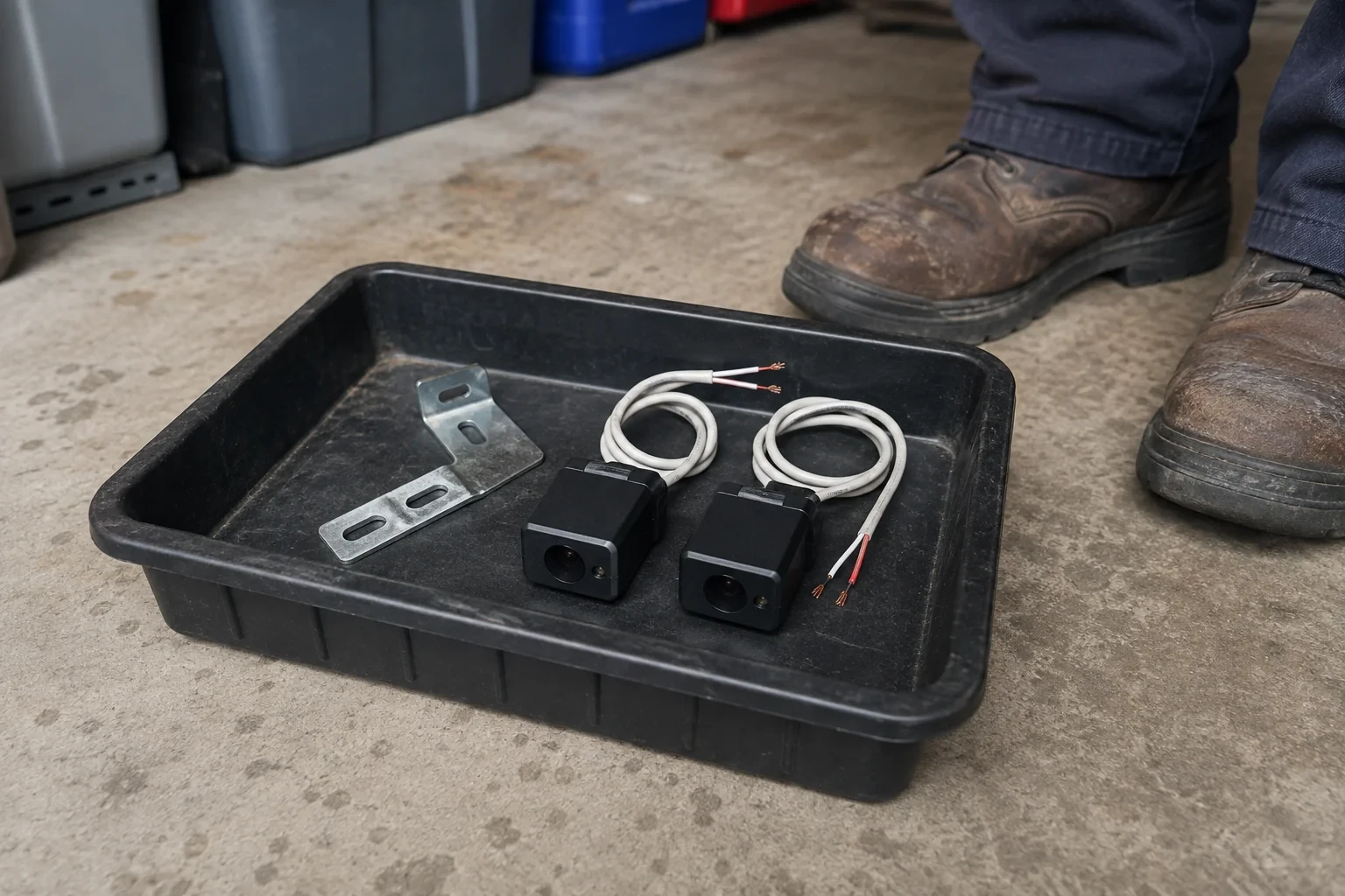 Two detached black sensors with recessed lenses and coiled wires lie in a tray beside a mounting bracket.