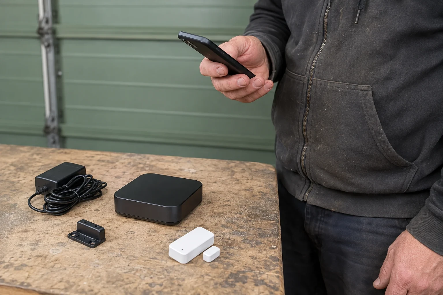 A person holds a phone beside a small controller hub, sensor, power supply and mounting piece on a garage workbench.