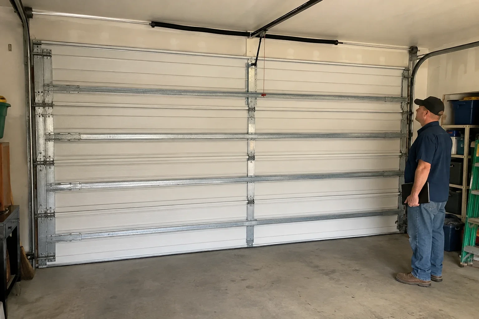 A person examines horizontal metal reinforcement members across the interior of a closed garage door.